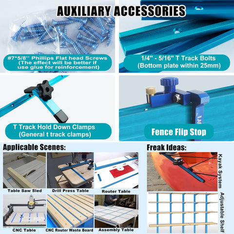 WoodHero 6063 aluminum T-track predrilled illustrates compatible hardware for secure fixtures.