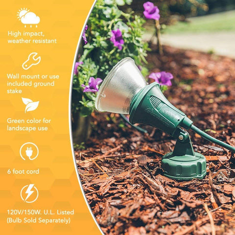 Woods Industries green floodlight with stake offers versatile outdoor lighting for driveways