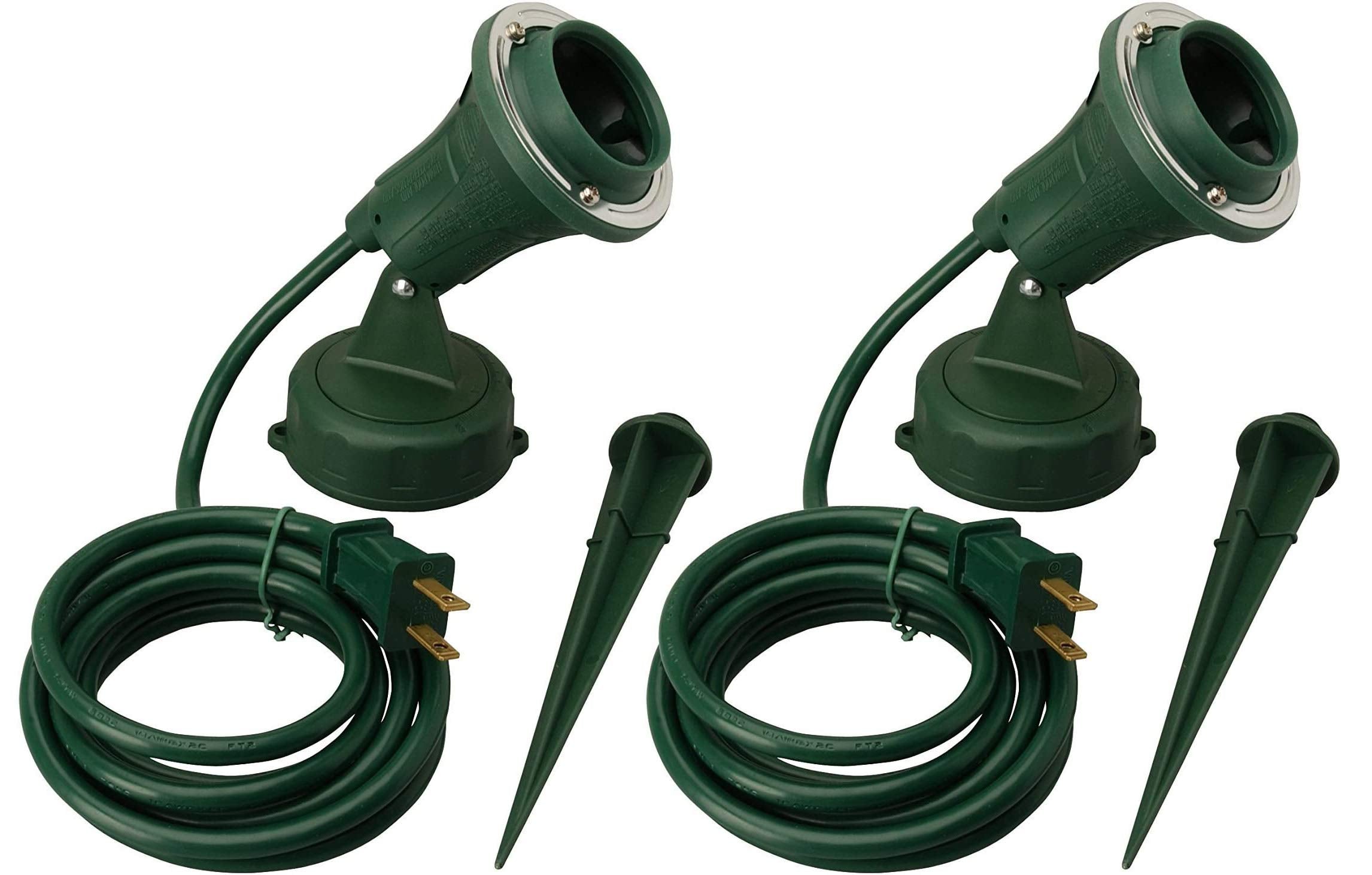 Woods Industries outdoor floodlight stake in green illuminates pathways for secure nighttime visibility