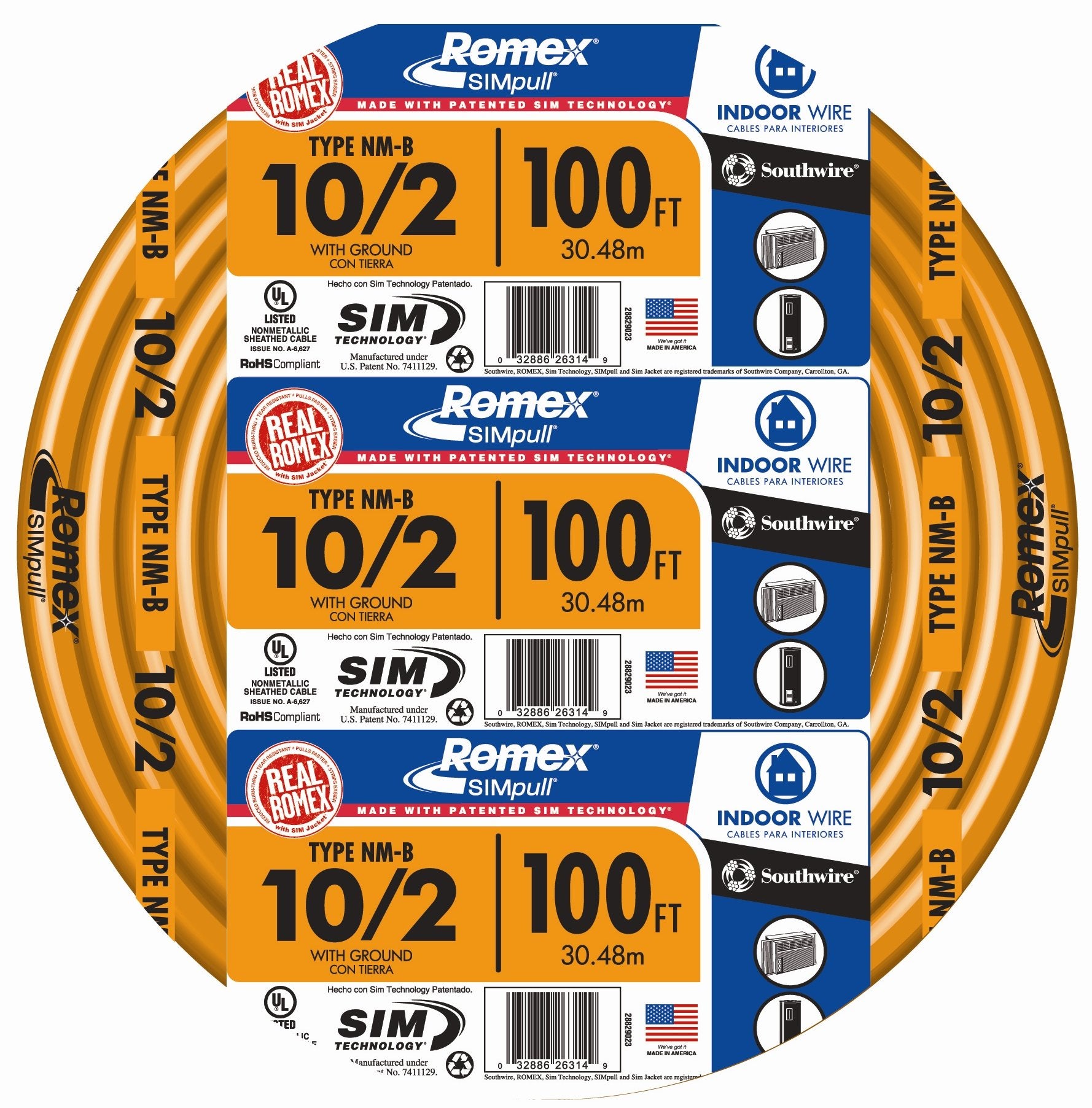 Woods Southwire NM-B 100 ft cable coiled for easy handling and storage
