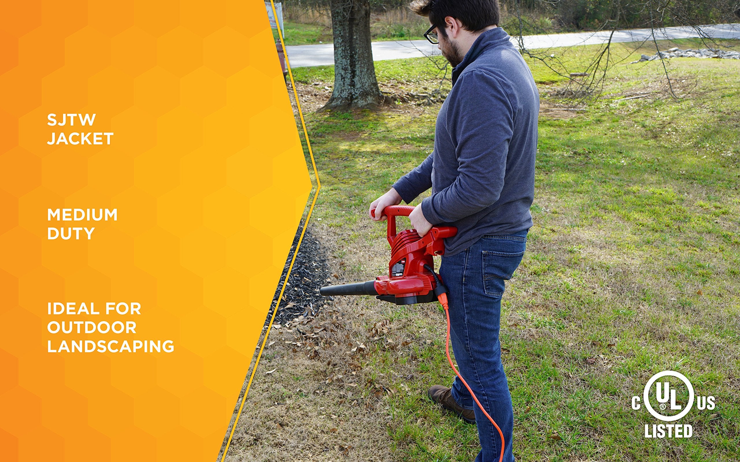 Woods 50ft orange extension cord on a worksite improves visibility and safety