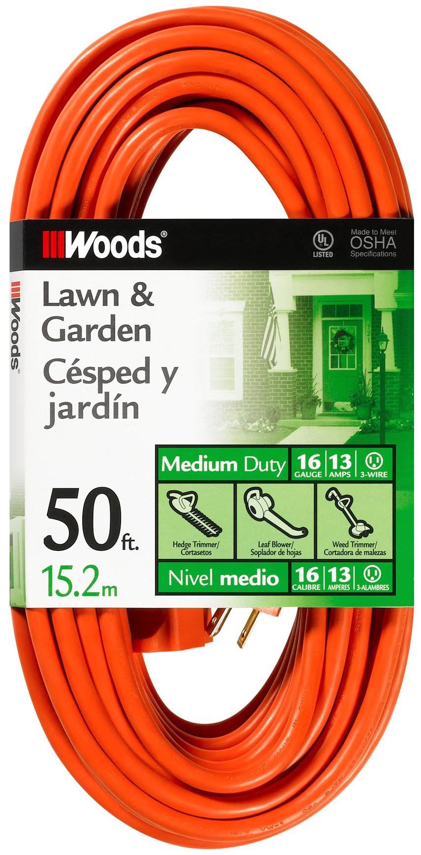 Woods 50ft outdoor extension cord with bright orange jacket for visibility