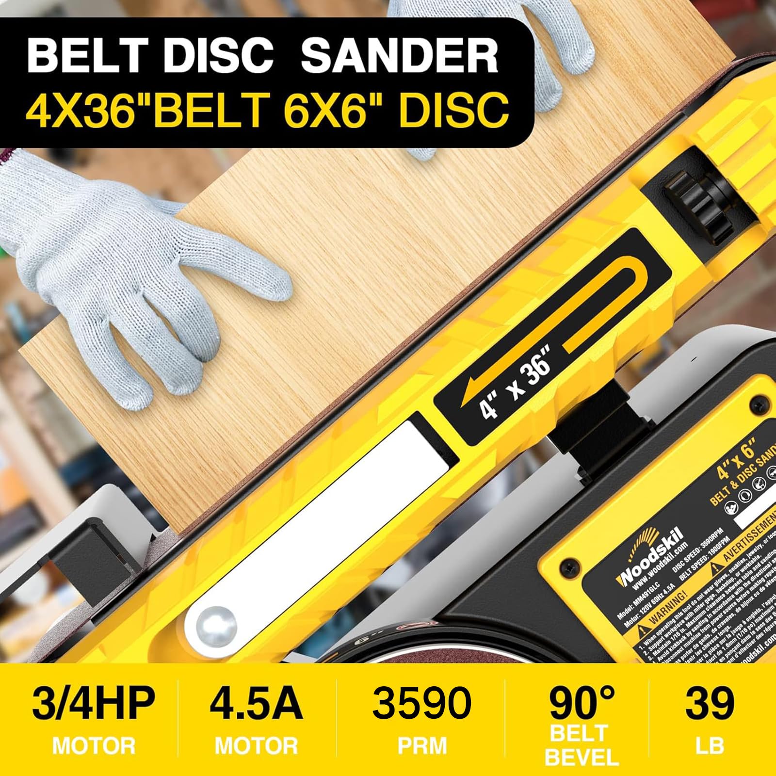 Woodskil sander with 3/4HP motor delivering steady belt and disc performance