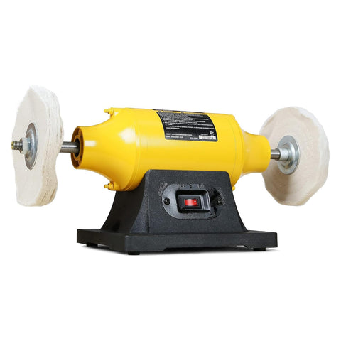 Woodskil 4.0A bench buffer with 6-inch hard wheel for burr removal on metal surfaces.