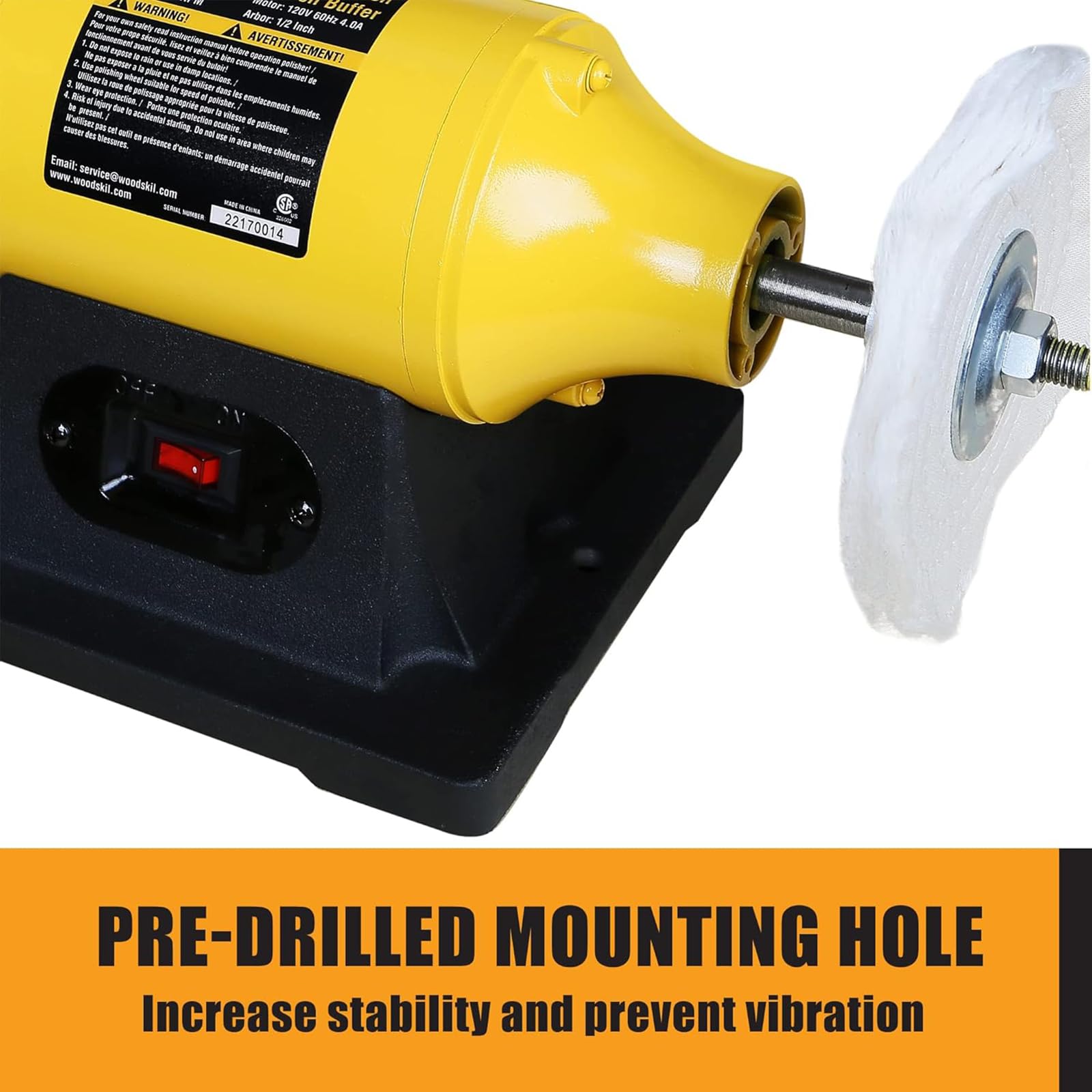 Woodskil 4.0A bench buffer with a stable iron base to reduce vibration for precise work.