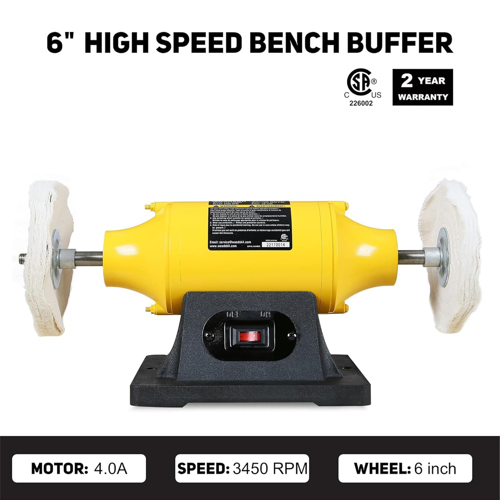 Woodskil 4.0A bench buffer emphasizes a low-noise induction motor during quiet polishing.