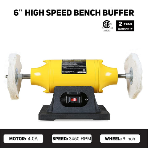 Woodskil 4.0A bench buffer emphasizes a low-noise induction motor during quiet polishing.