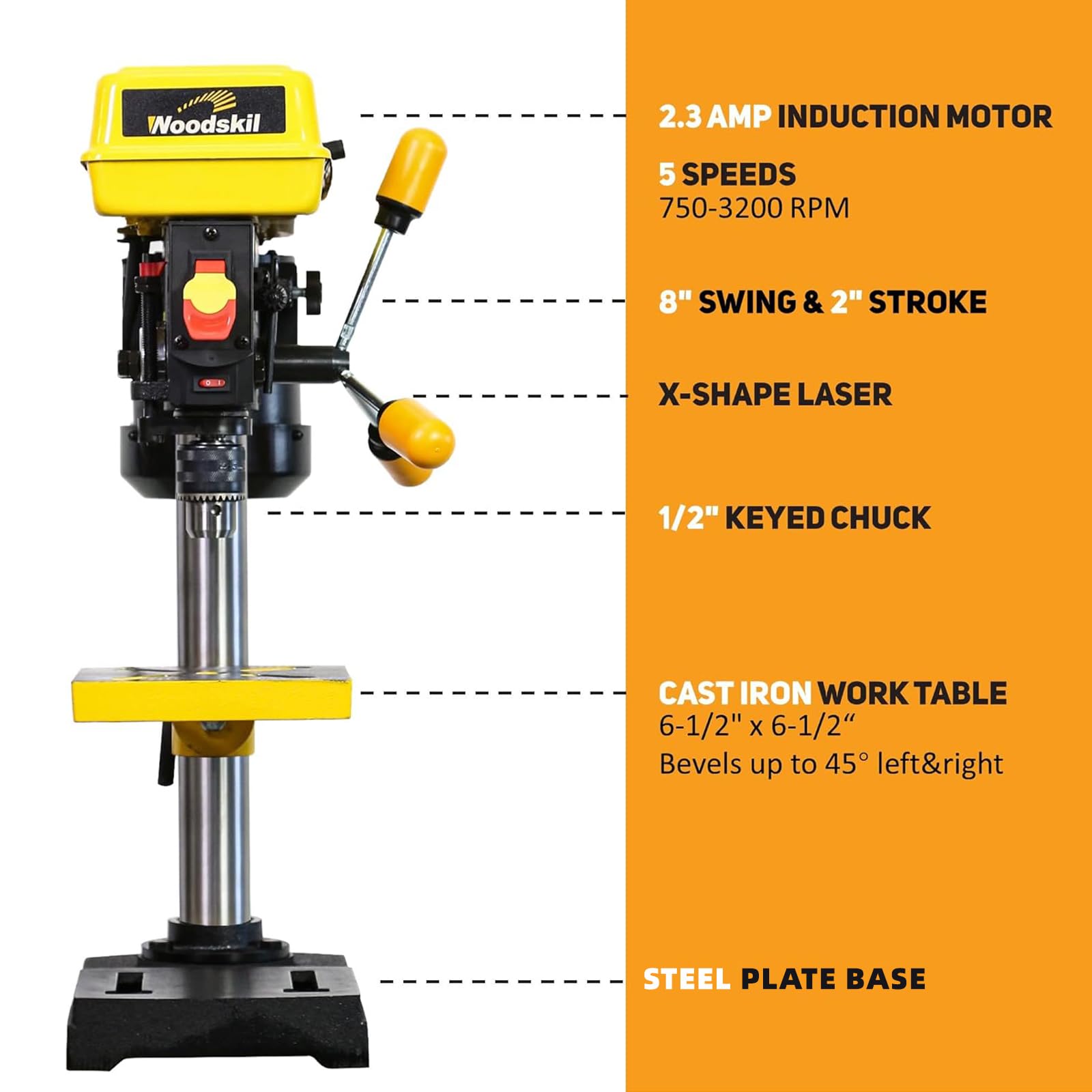 Woodskil drill press cast-iron table with 45-degree bevel enables precise tilting tasks.