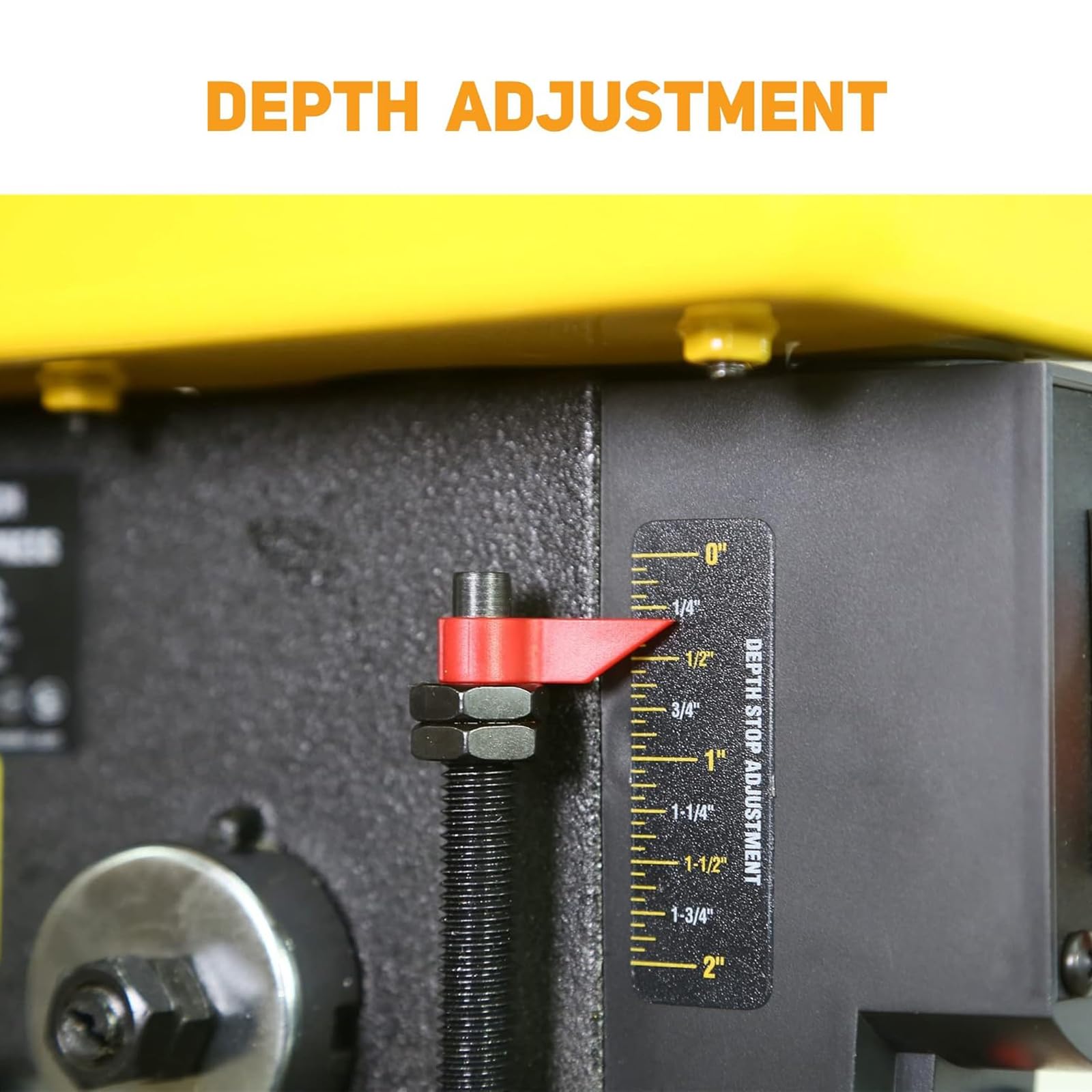 Woodskil 8-inch drill press chuck and spindle emphasize versatile bit compatibility.
