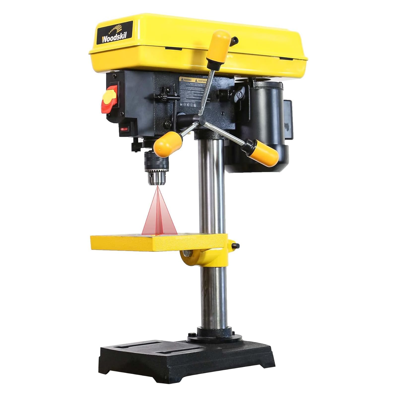 Woodskil 8 Inch Drill Press front view highlights the sturdy cast-iron frame for stable drilling.