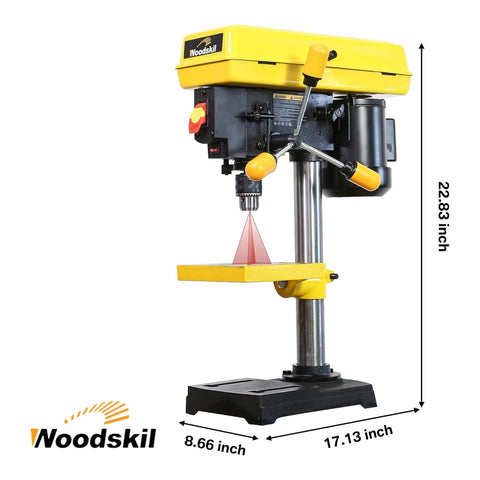 Woodskil 8-inch drill press side view shows the compact bench-top design for workshops.
