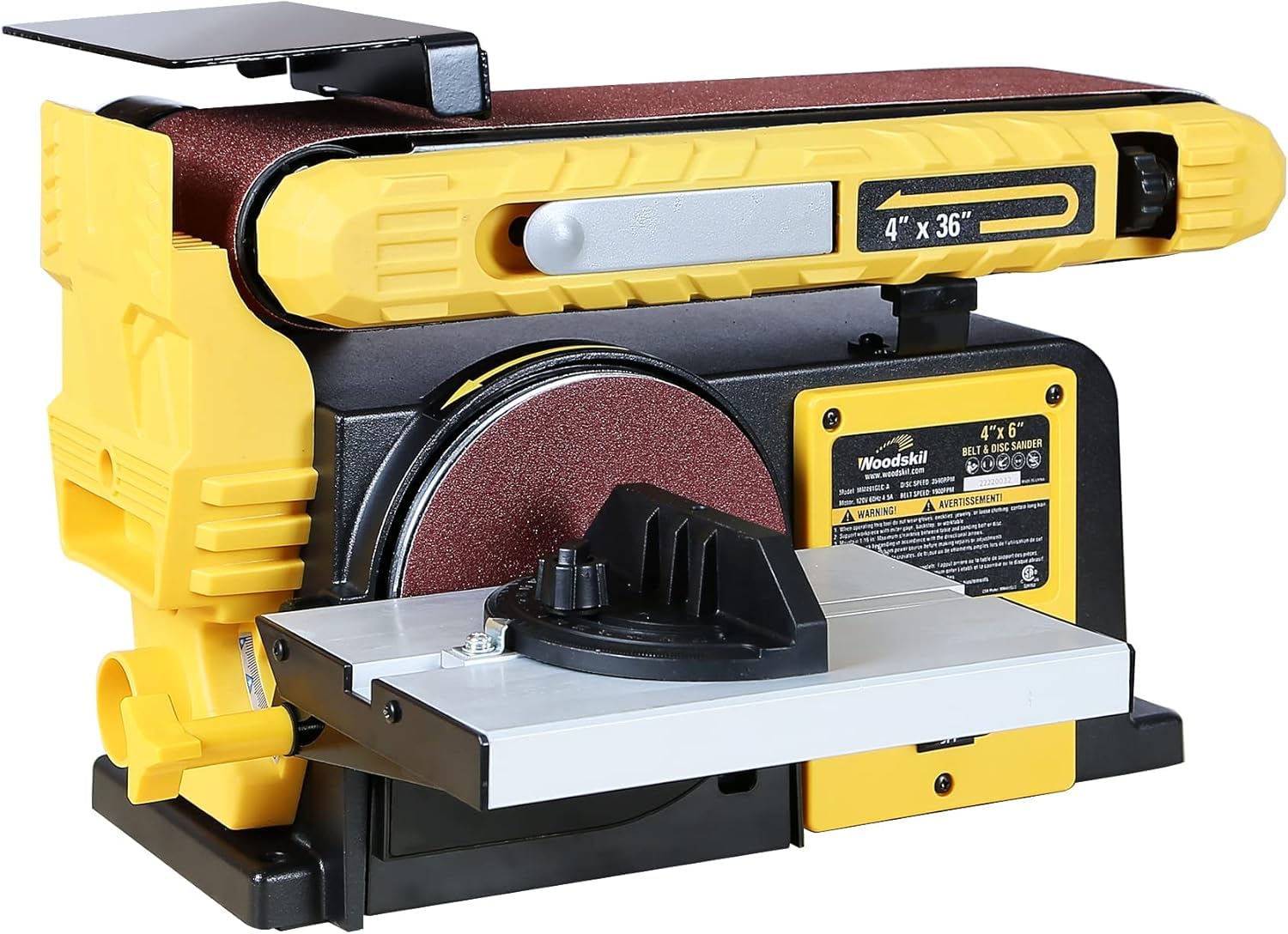 Woodskil belt-disc sander combo front view showing compact, powerful finishing capability