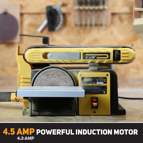 Woodskil belt-disc sander combo tilted work table enables versatile sanding angles