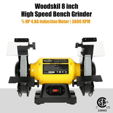 Woodskil bench grinder induction motor for smooth, low-noise operation.