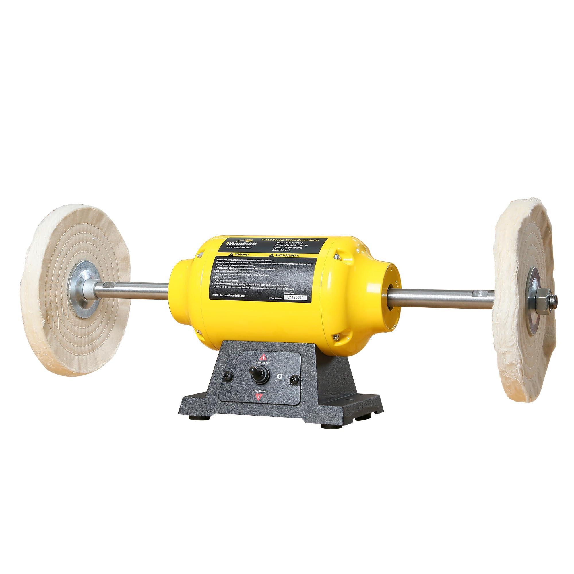 Woodskil dual-speed bench buffer polisher top view with 8-inch wheels for large surface polishing