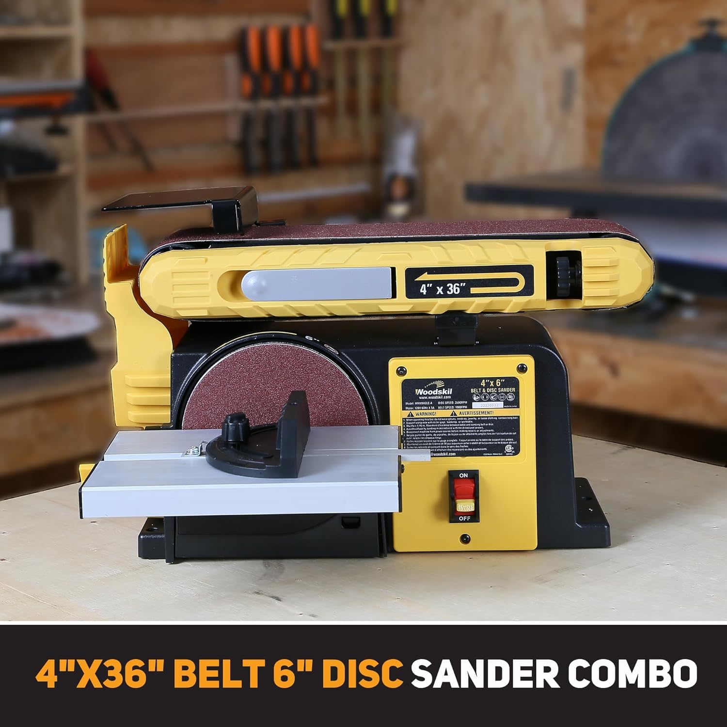 Woodskil sander in a well-equipped workshop setup