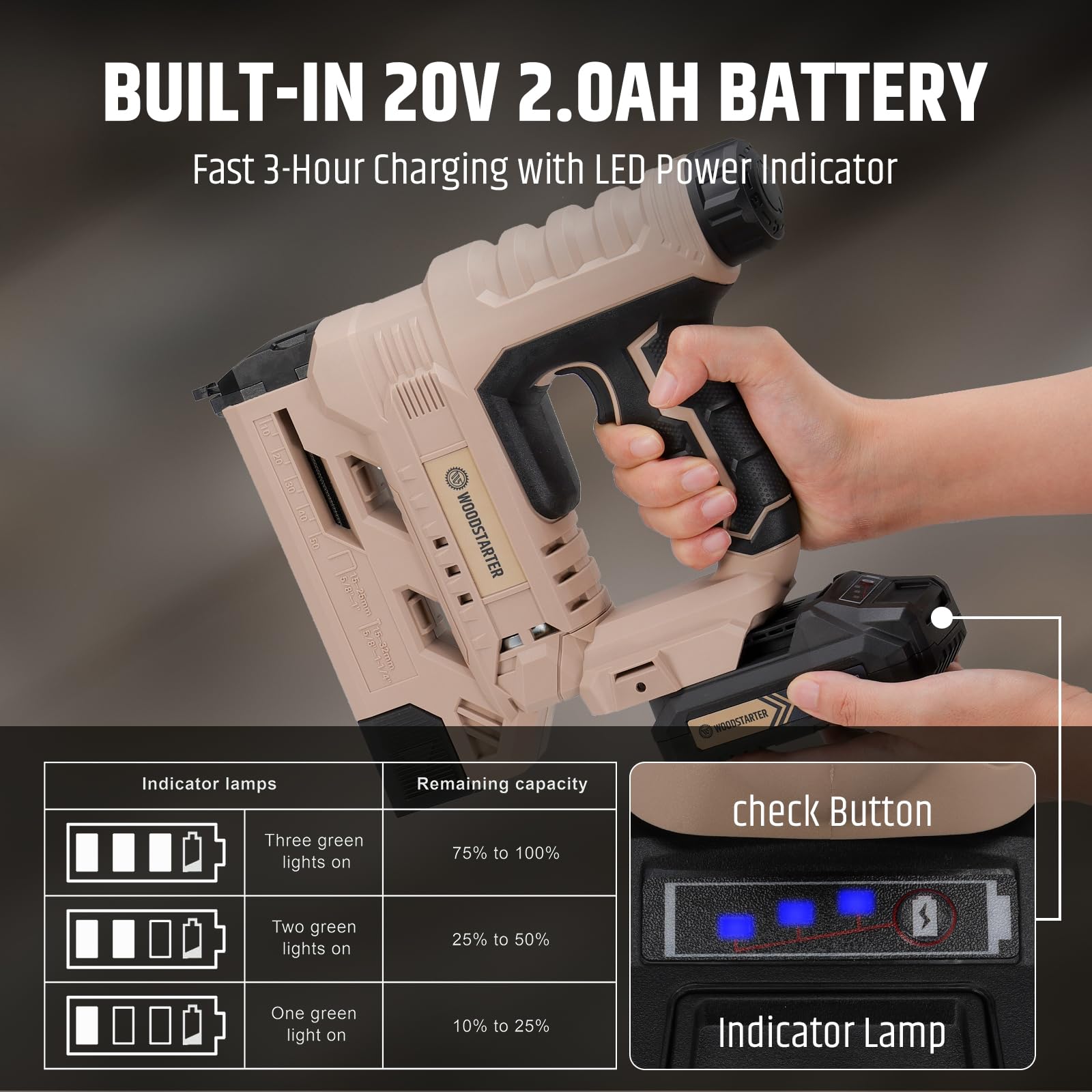 WoodStarter battery level indicator keeps you informed during a session.