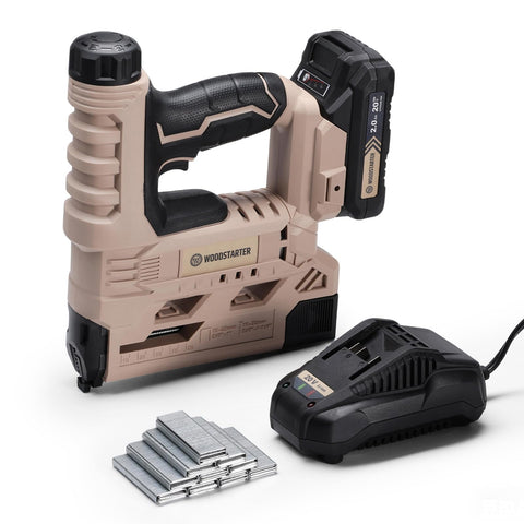 WoodStarter cordless brad nailer with battery and charger, ready for on-site projects.