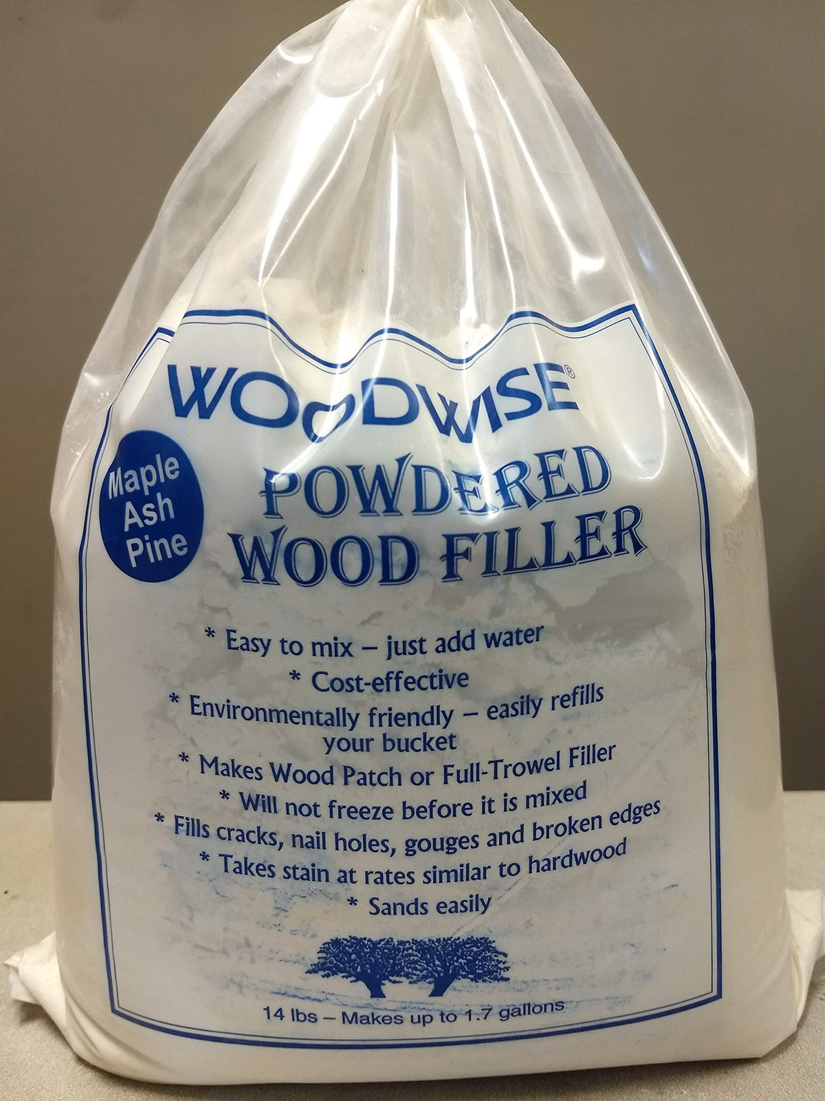 Woodwise 14-lb Powered Wood Filler for maple/ash/pine; bonds well and sands smoothly.