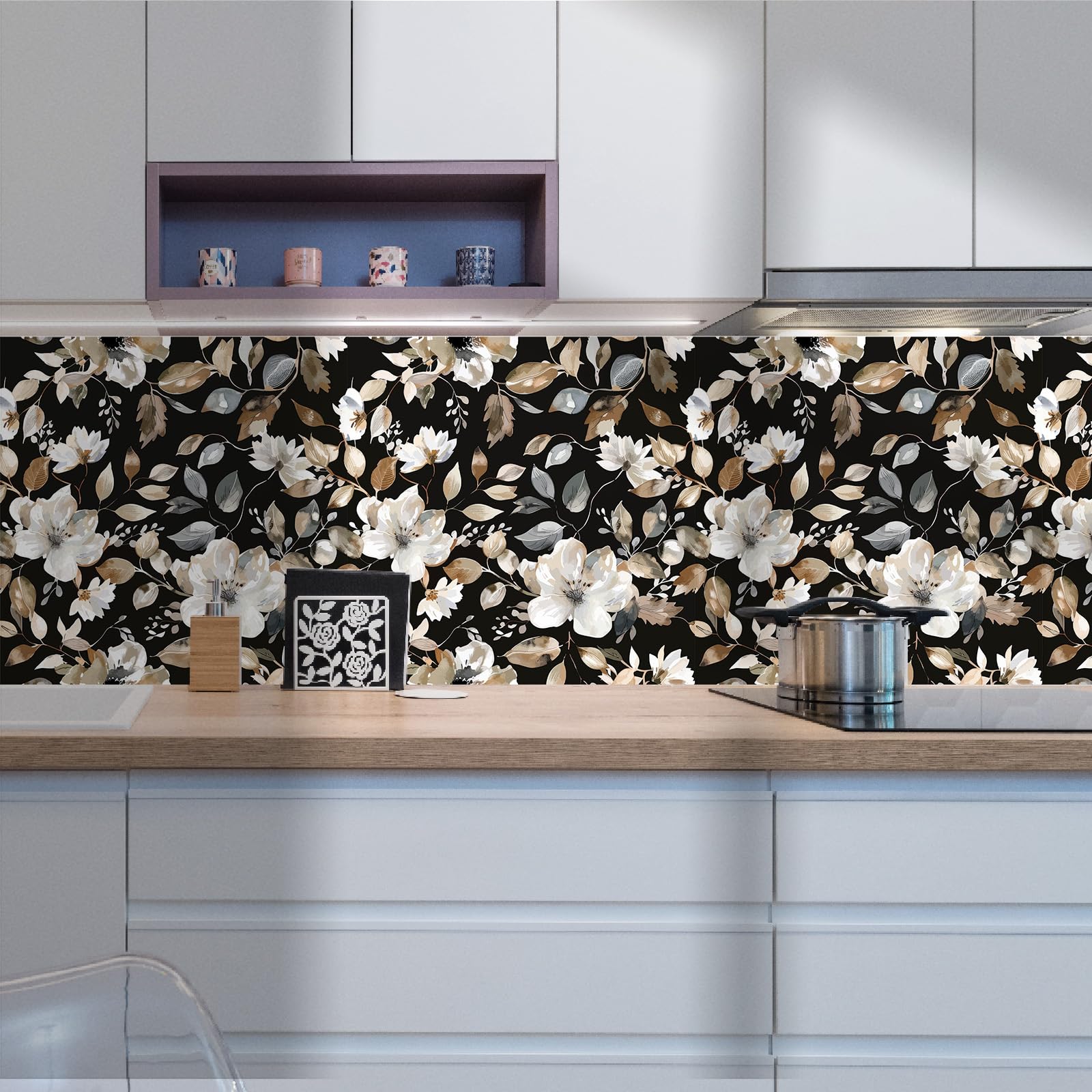 Wookmmy dark floral wallpaper application demonstrates easy DIY wall upgrade.
