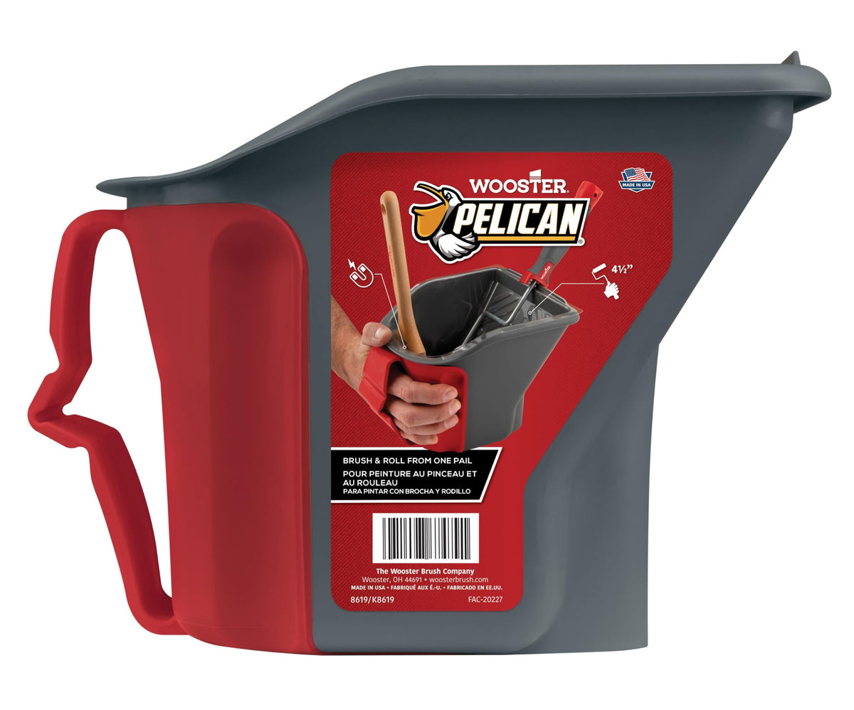 Wooster Pelican pail with roll-off area eases paint loading and cleanup.