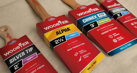 Purple Shergrip handle on Wooster Q3211-2 adds comfort for tight-space painting.
