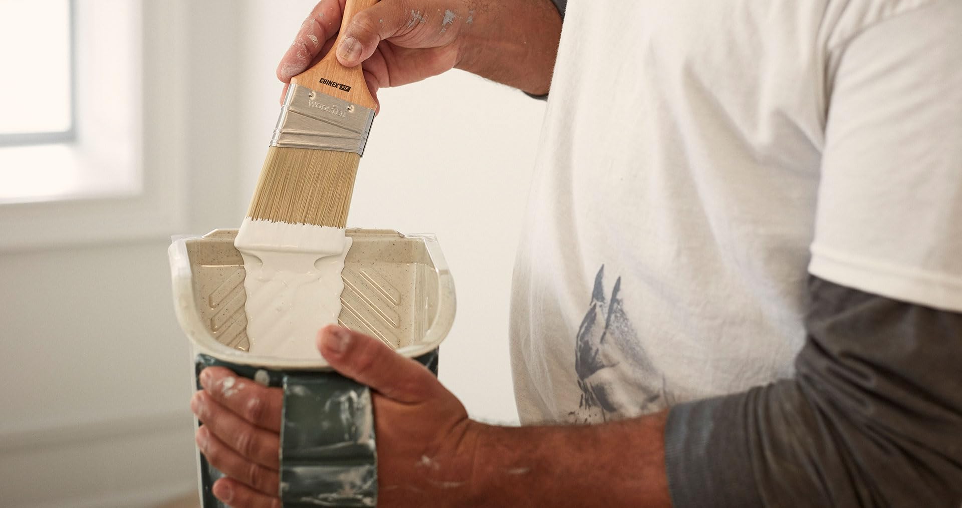 Synthetic blend bristles suitable for all paints and water-based stains on Wooster brush.