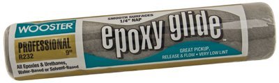 Wooster epoxy glide roller with dark gray shed-resistant fabric for clean coats.
