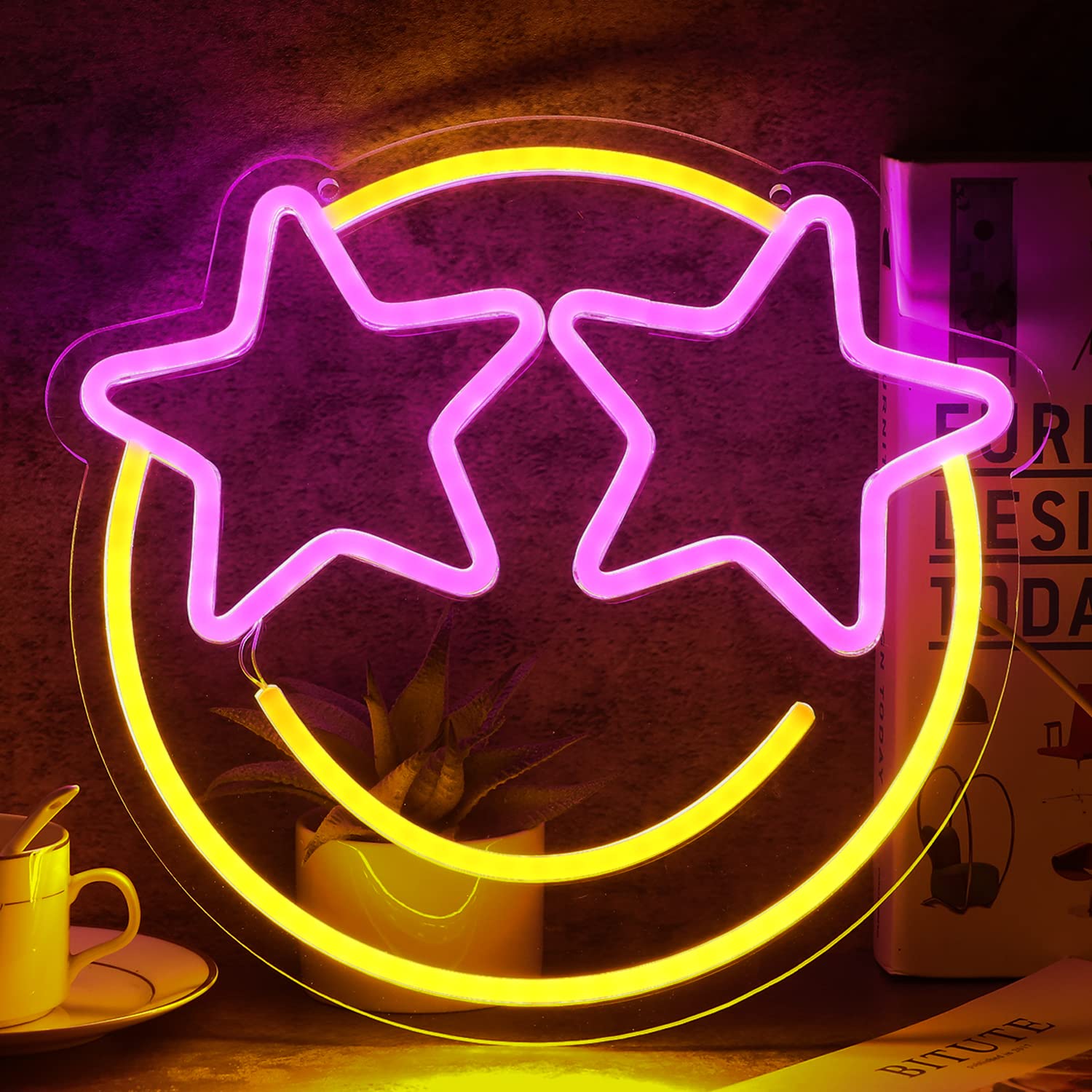 Wootfairy Smile Face Neon Sign mounted on wall to create a friendly focal point.