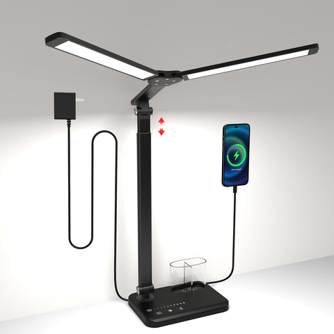 Woputne LED desk lamp dual heads provide wide, even illumination for readings.