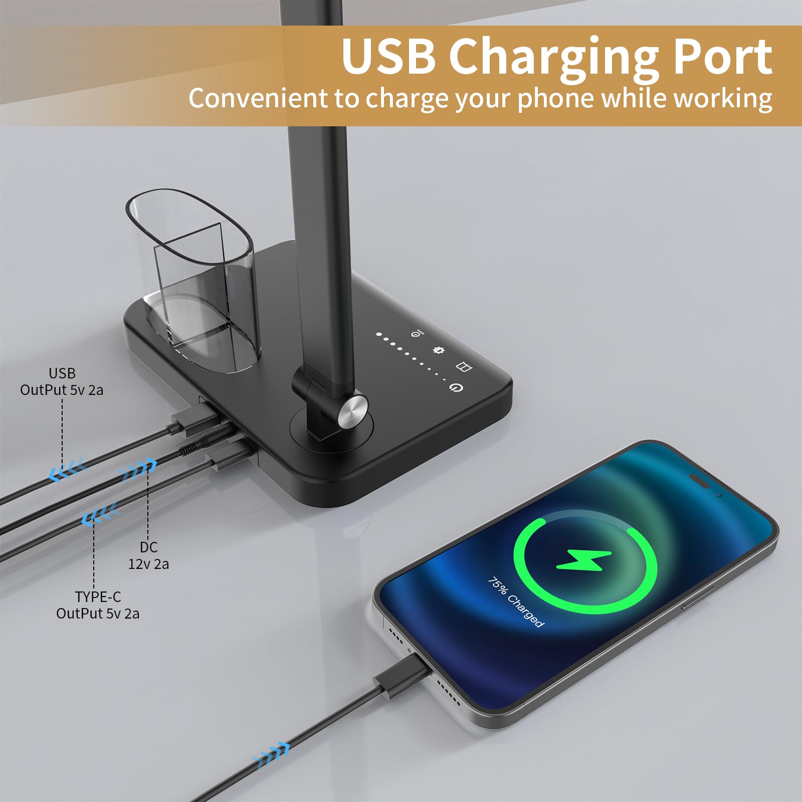 Woputne desk lamp with dual USB ports to charge devices while you work.