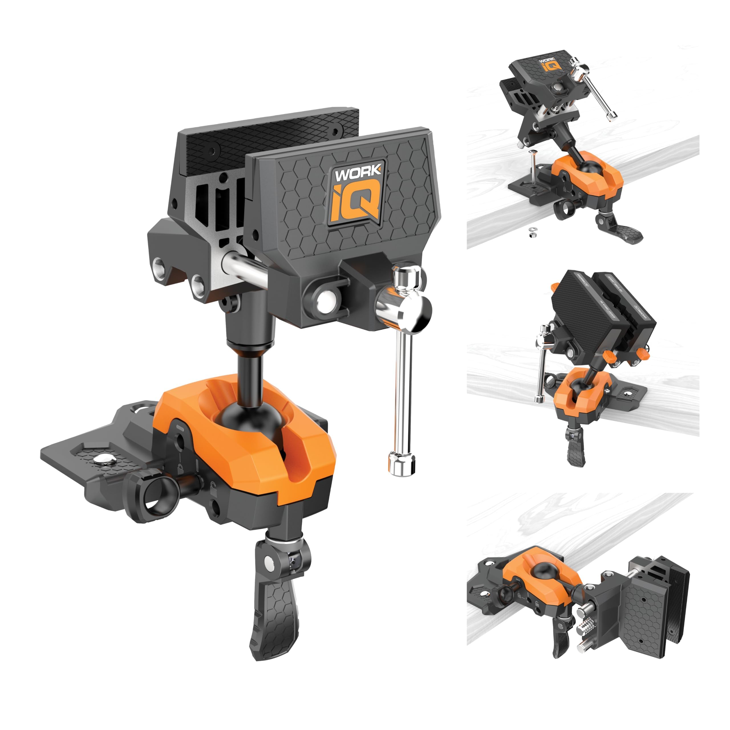 WORK IQ TOOLS 360° rotating bench vise close-up highlighting durable jaw pads.
