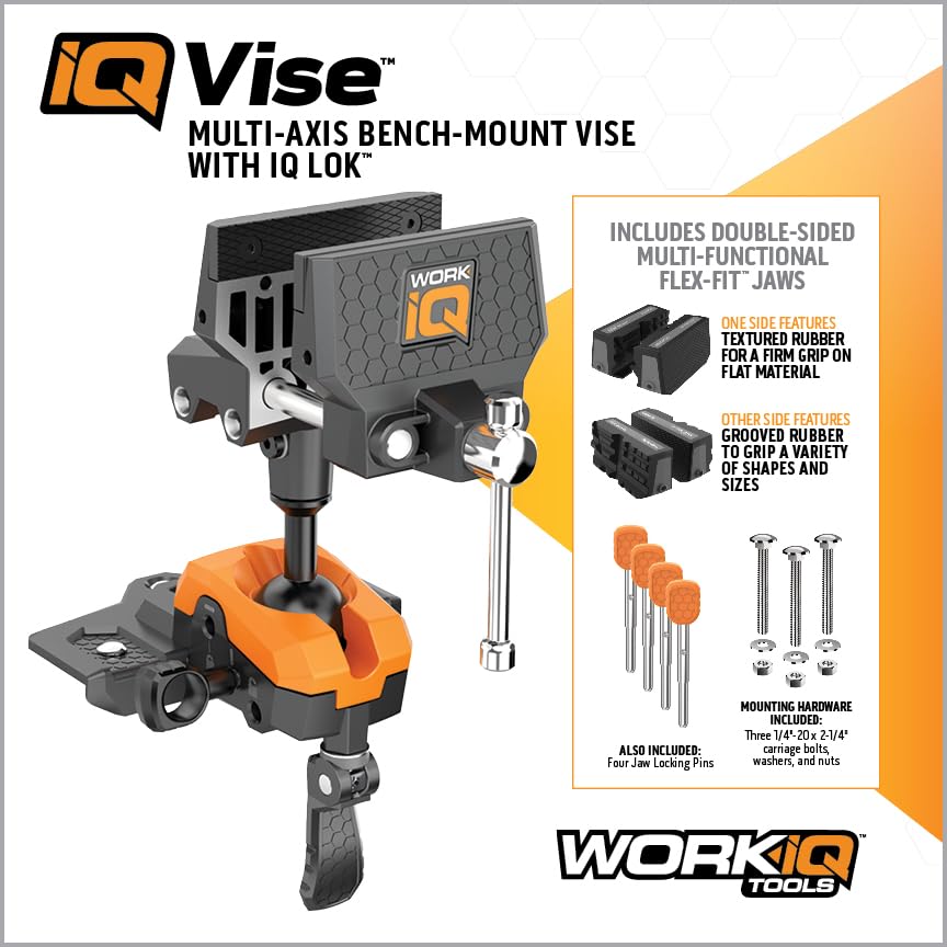 WORK IQ TOOLS pipe and lumber clamping capability showcased during setup.