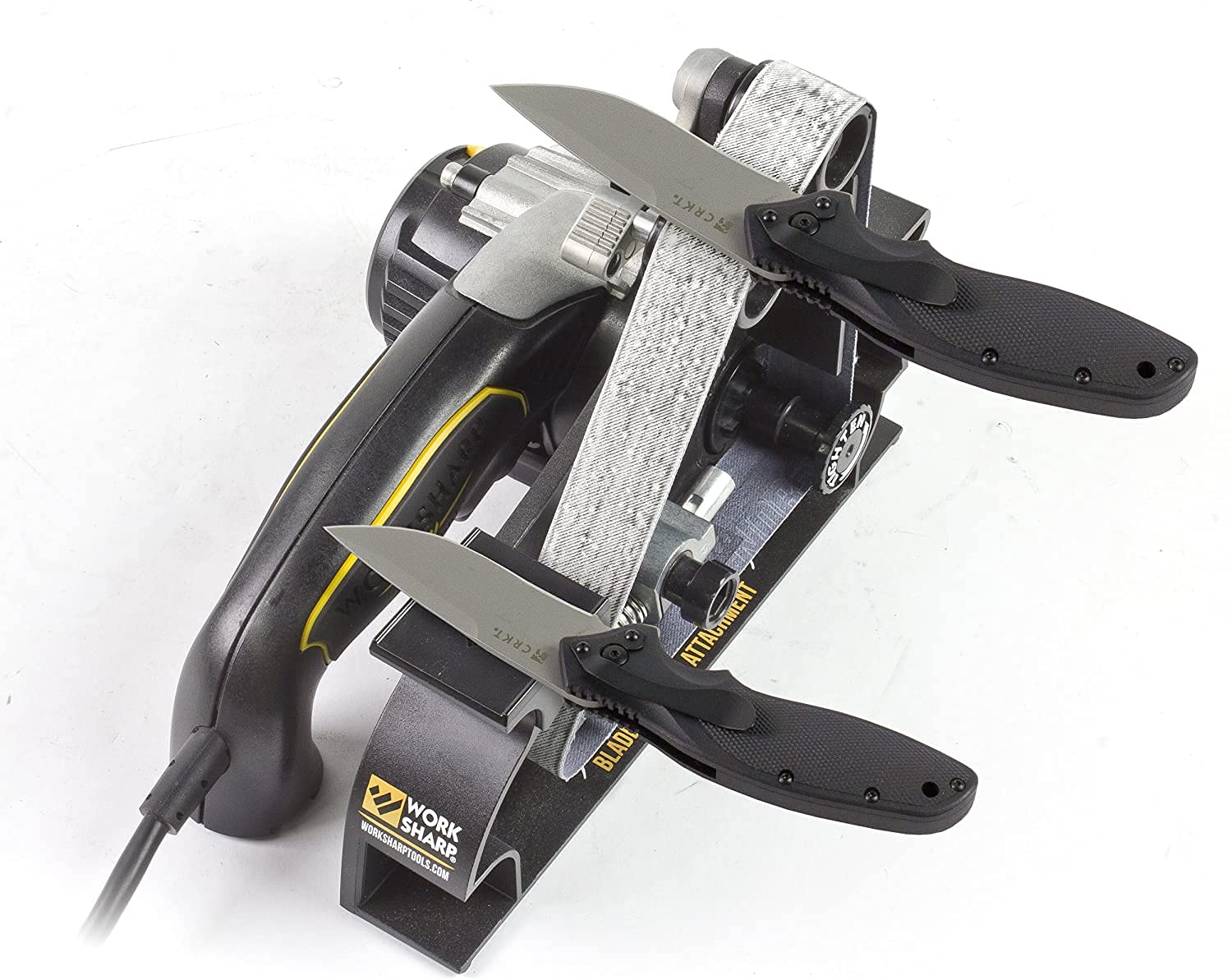 WORK SHARP 4-pulley belt assembly enables versatile sharpening and blade shaping.