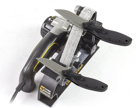 WORK SHARP 4-pulley belt assembly enables versatile sharpening and blade shaping.
