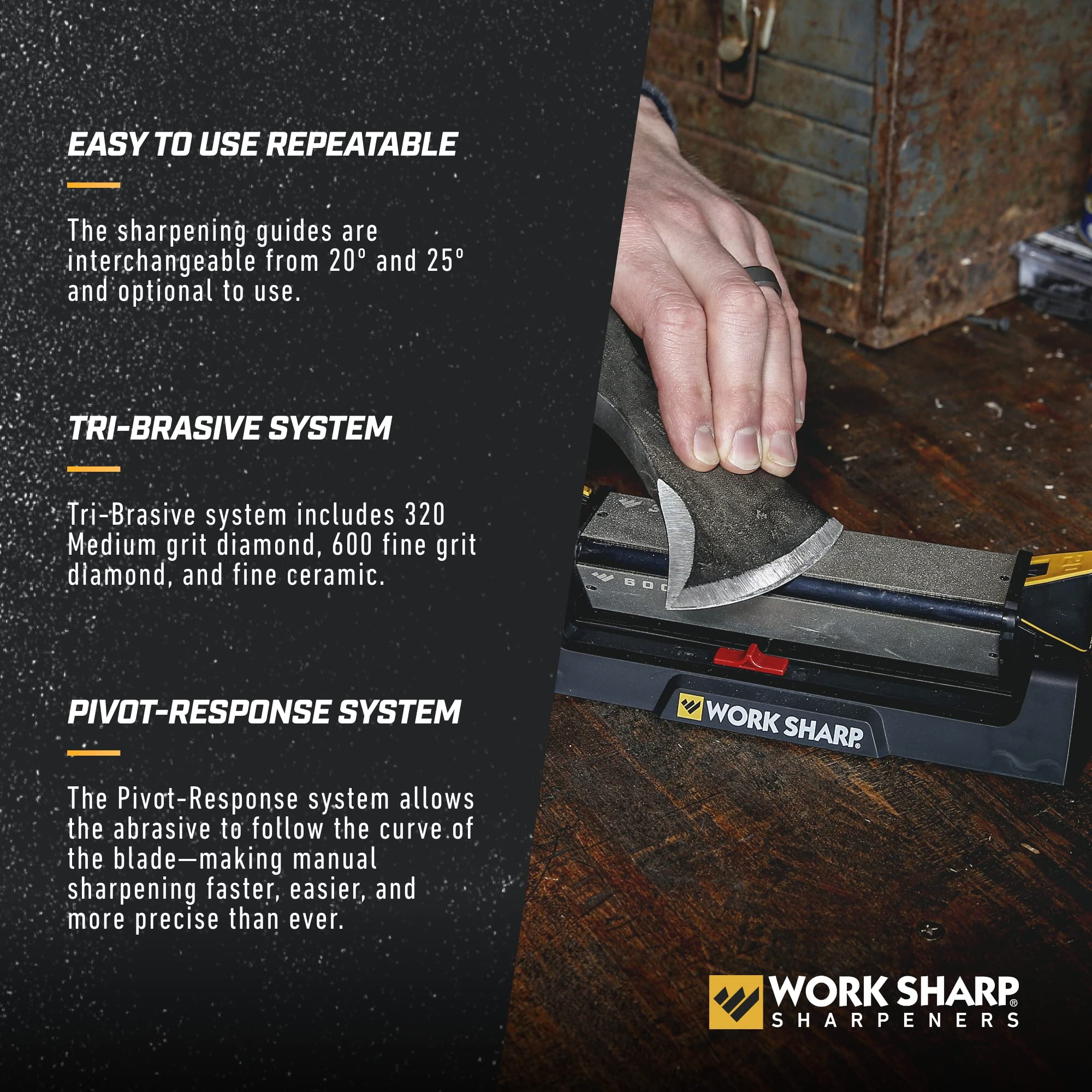 Work Sharp benchstone 25-degree guide enables versatile knife sharpening.