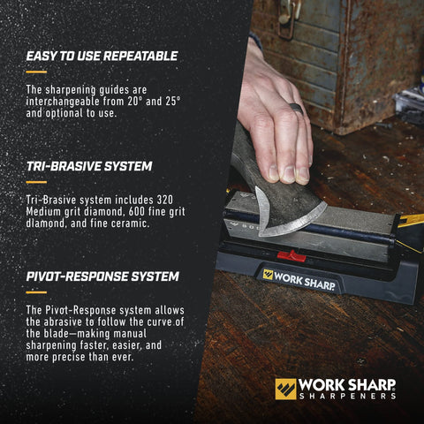 Work Sharp benchstone 25-degree guide enables versatile knife sharpening.