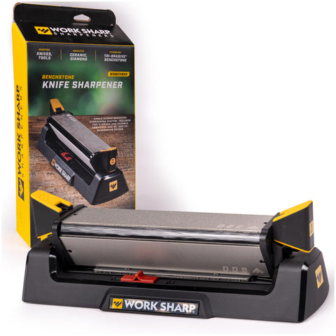 Work Sharp benchstone 3-sided system shows fast, consistent edge sharpening.