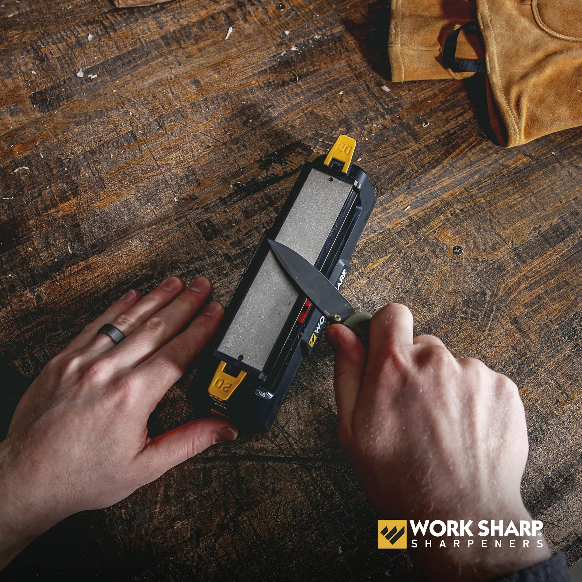 Fine diamond plate on Work Sharp benchstone refines edges (800 grit).