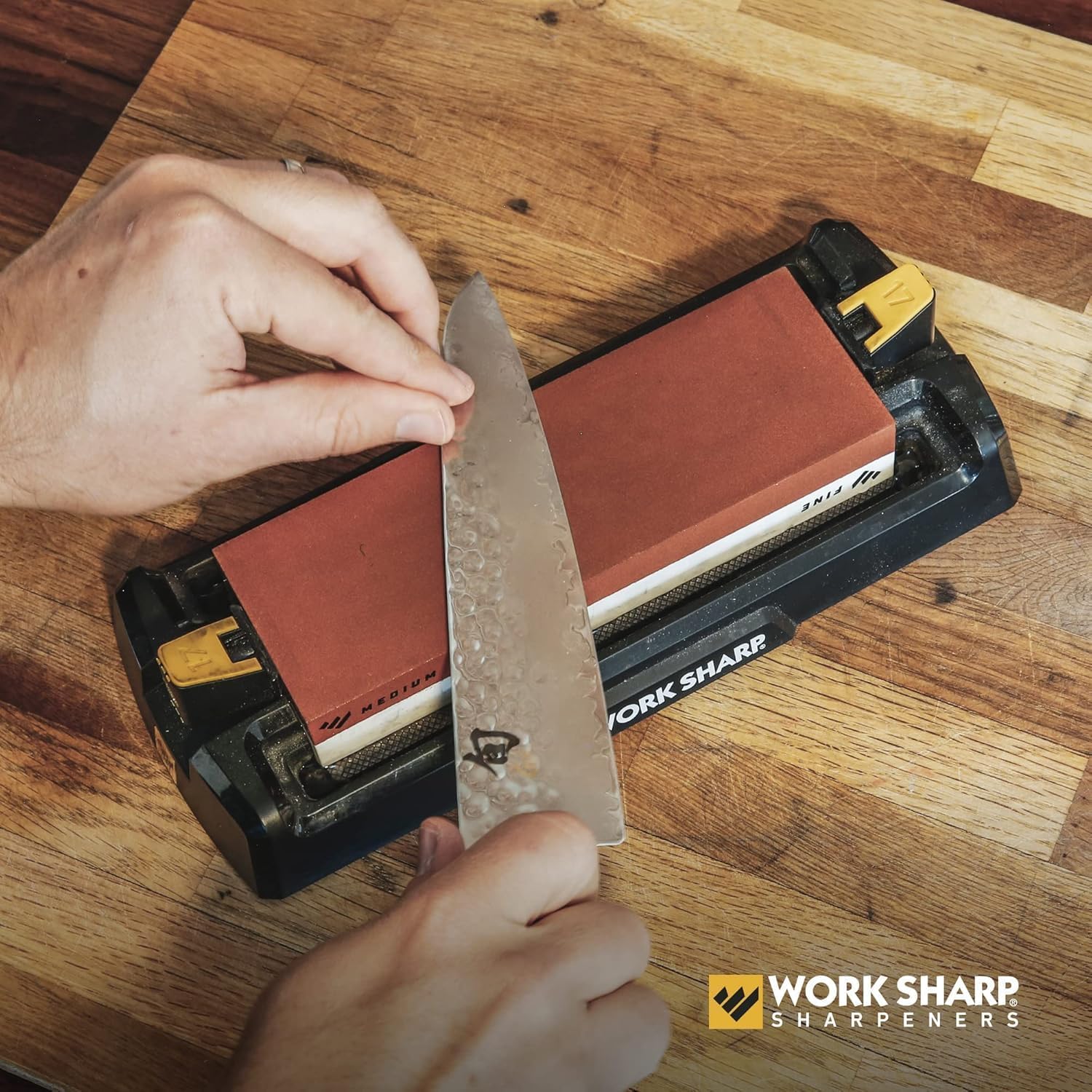 Work Sharp Benchtop Whetstone base provides a stable surface and clean workspace.