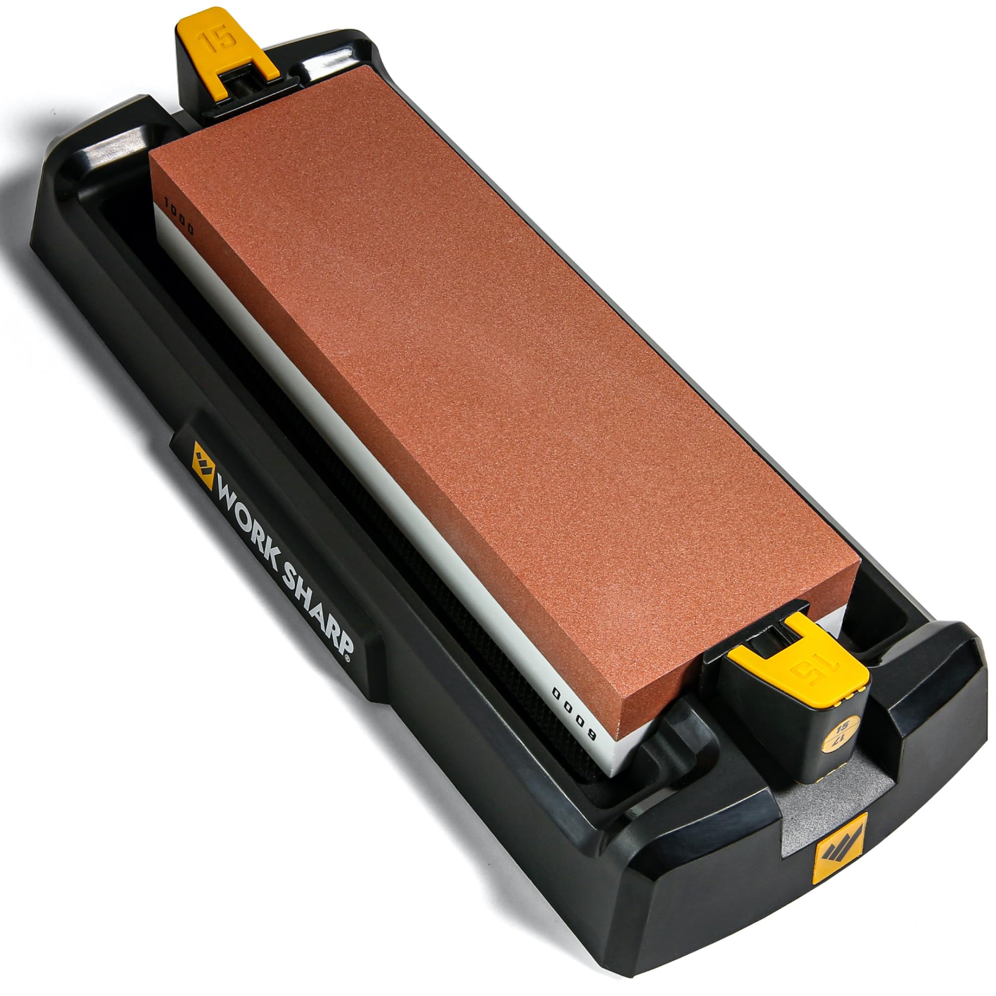 Work Sharp Benchtop Whetstone box showcases durable craftsmanship for home sharpening.