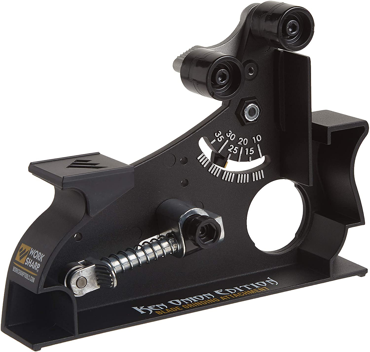 WORK SHARP blade grinder attachment setup shows adjustable angles for precise edge shaping.