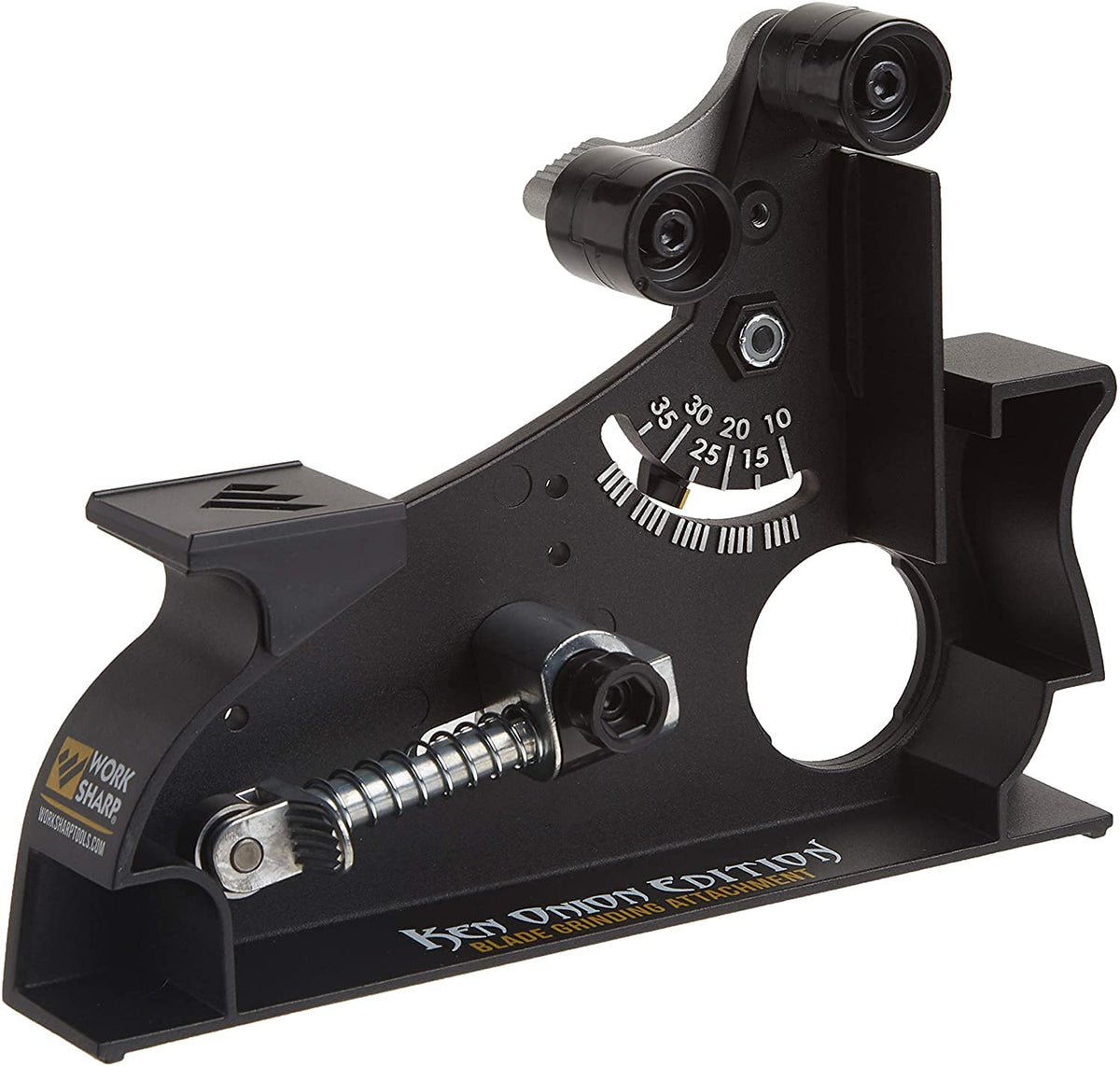 WORK SHARP blade grinder attachment setup shows adjustable angles for precise edge shaping.