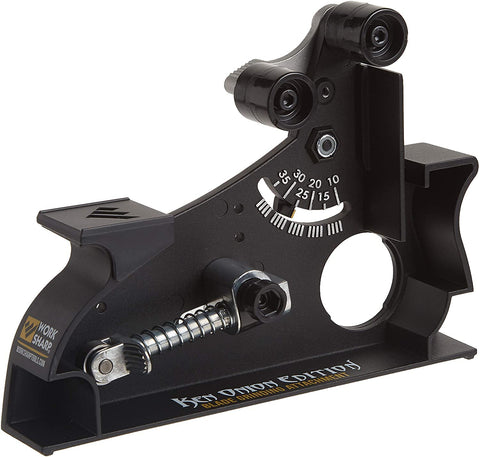 WORK SHARP blade grinder attachment setup shows adjustable angles for precise edge shaping.
