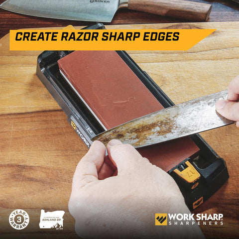 Work Sharp edge sharpening in action shows quick setup and stable operation.