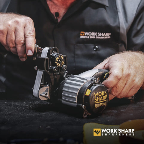 WORK SHARP WSSAKO81119 belts closeup highlighting Norton Norax 22 micron belts for sharp results.