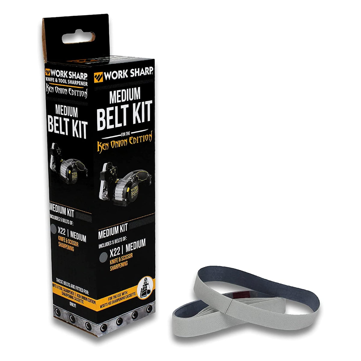 WORK SHARP WSSAKO81119 packaging featuring the medium grit belt kit for Ken Onion Edition.