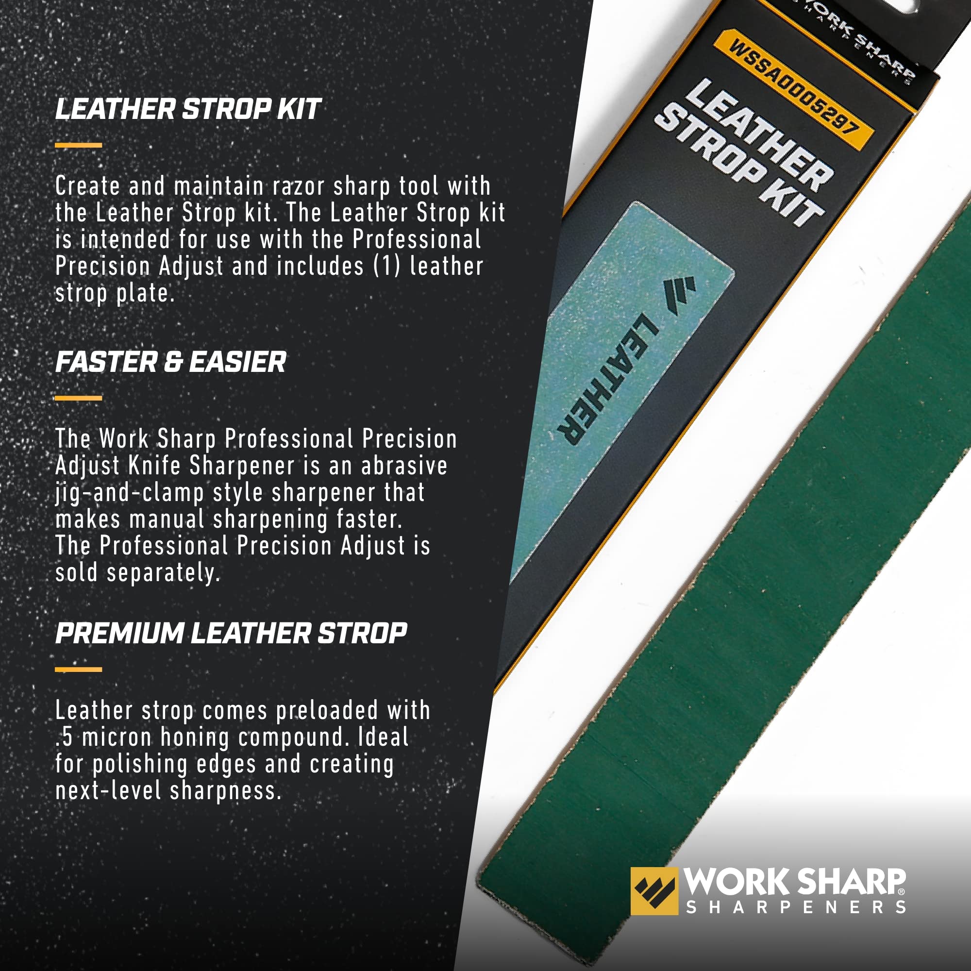 Close-up of Work Sharp leather strop plate, showing rich texture for smooth honing