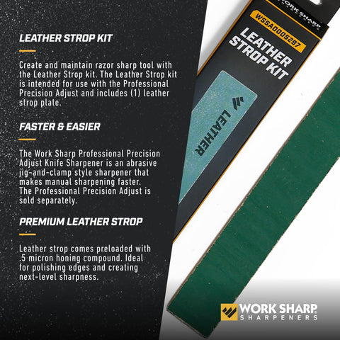 Close-up of Work Sharp leather strop plate, showing rich texture for smooth honing