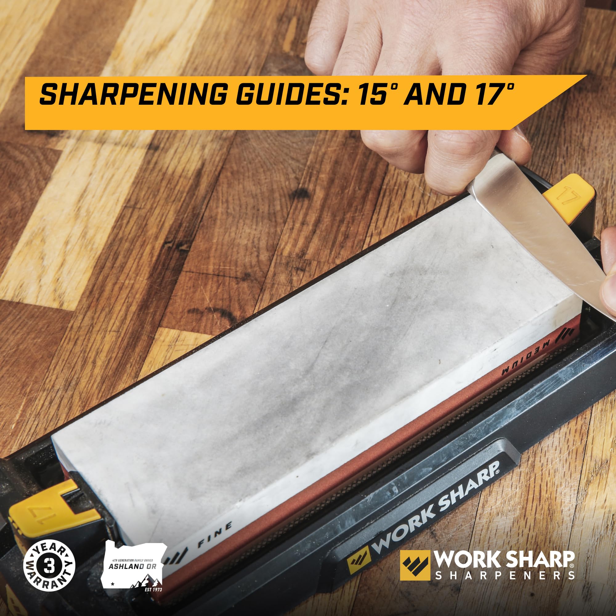 Work Sharp sharpening guides enable precise 15 or 17 degree angles for consistent results.